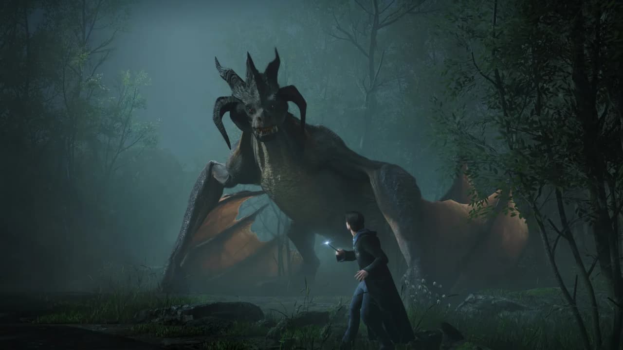 Pertemuan dengan naga di Hogwarts Legacy — scene berat grafis butuh VRAM tinggi