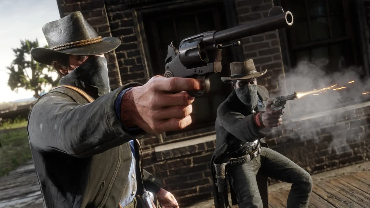 Cảnh đấu súng trong Red Dead Redemption 2 với hiệu ứng đồ họa chi tiết