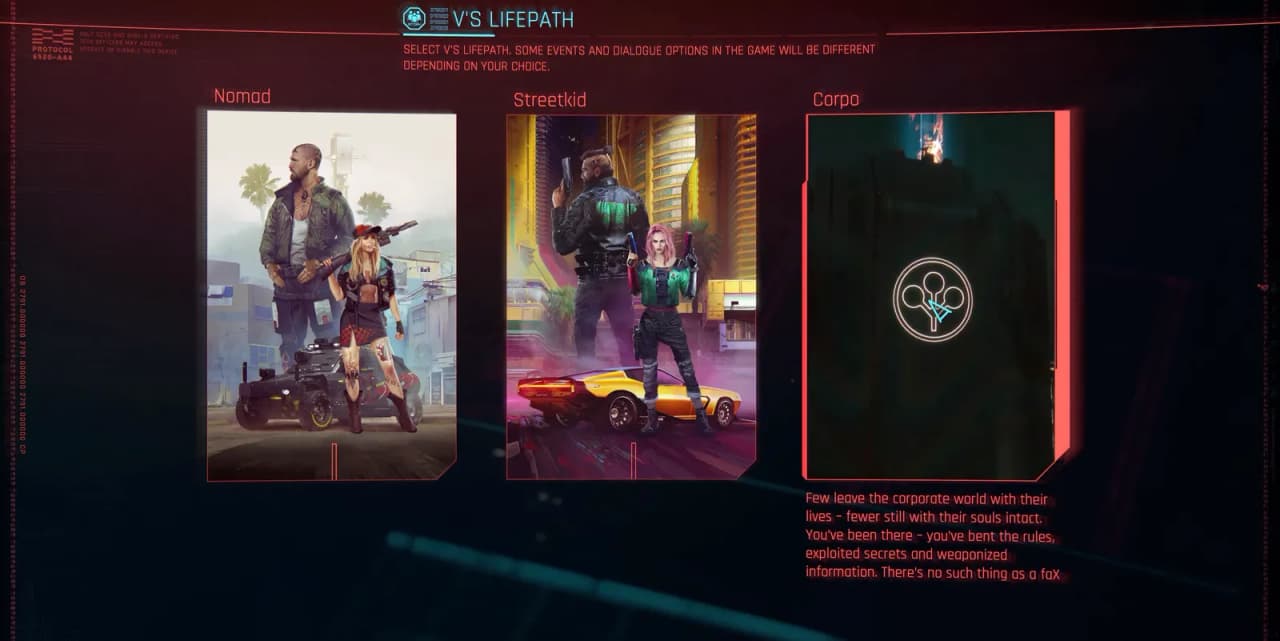 Màn hình chọn lifepath nhân vật V trong Cyberpunk 2077 — Nomad, Streetkid hoặc Corpo