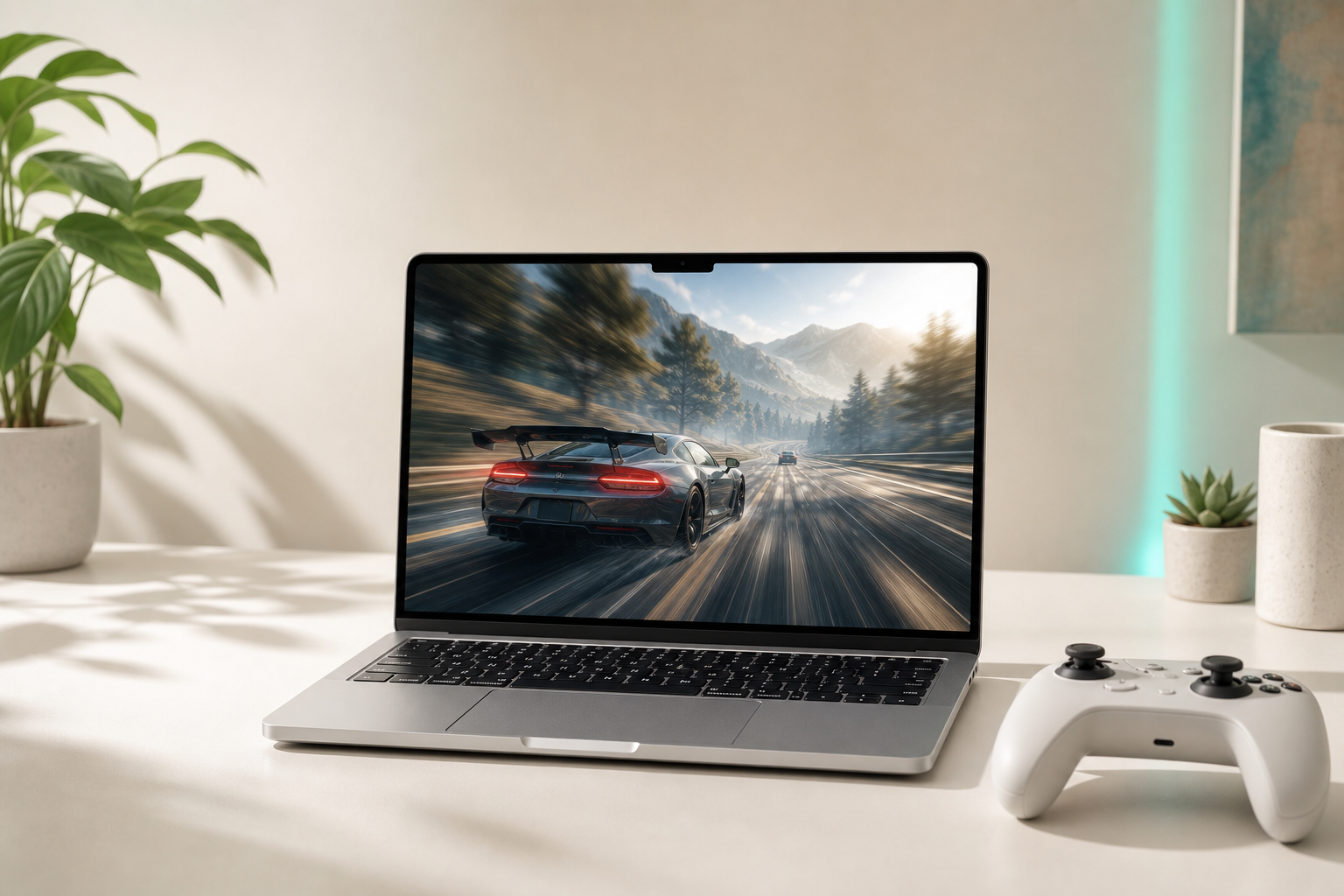 MacBook cloud gaming setup with controller and low-latency visual cues