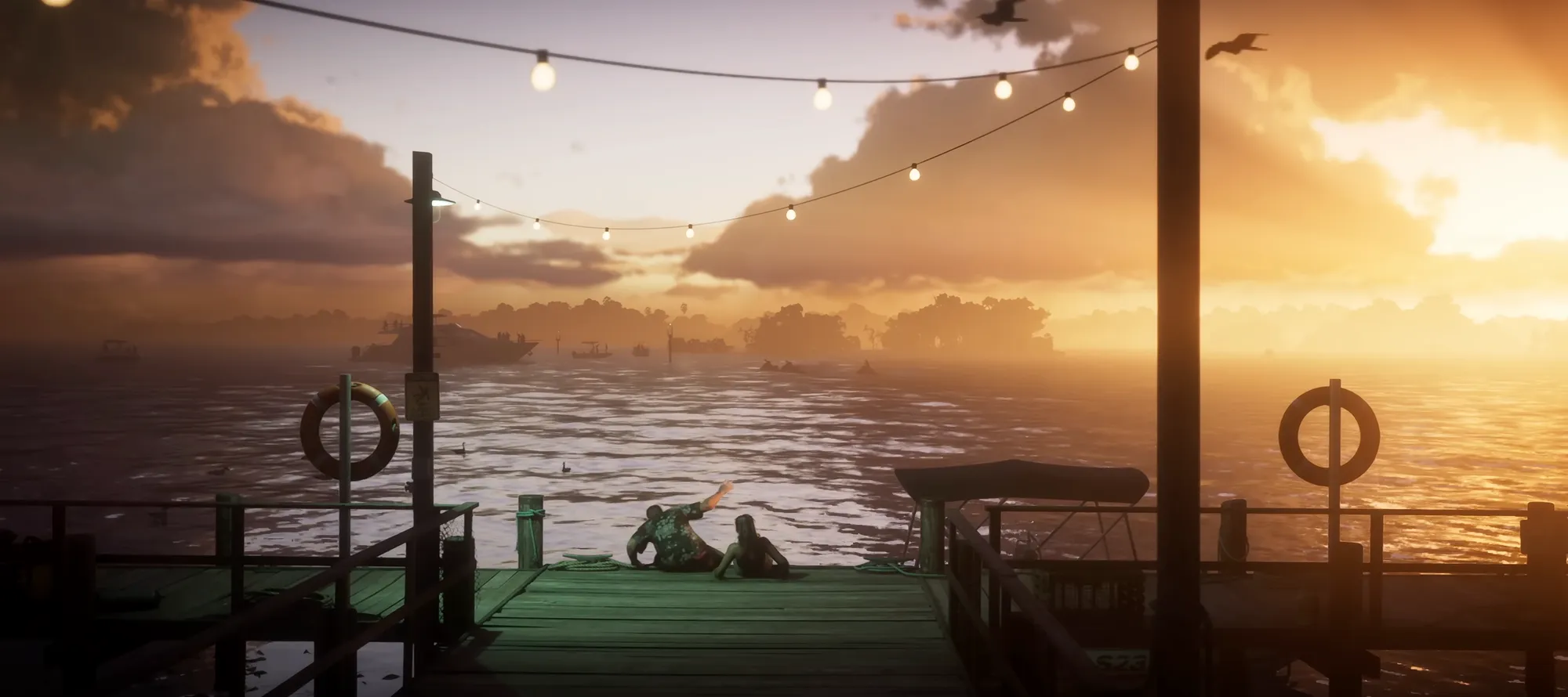 Sunset dock scene from the GTA 6 trailer with two characters sitting by the water