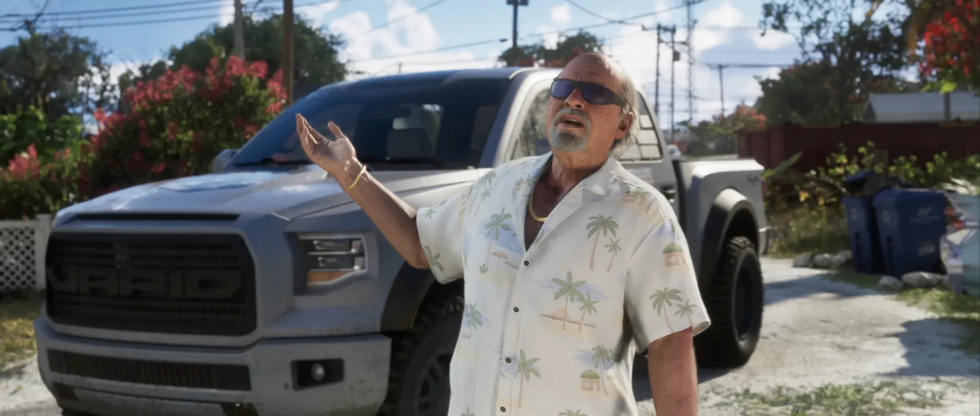 GTA 6 gameplay scene showing an older character in a floral shirt beside a Vapid pickup truck